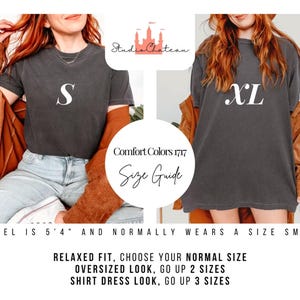 May include: Two women wearing dark gray Comfort Colors 1717 t-shirts, one with an "S" and the other with an "XL" printed on the front. The image includes a size guide with text that reads "RELAXED FIT, CHOOSE YOUR NORMAL SIZE".