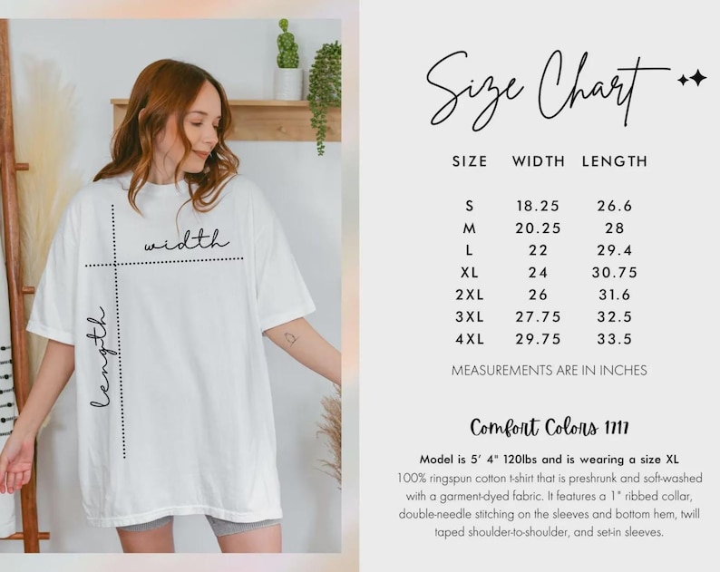 May include: A white t-shirt with a size chart and the words "Size Chart" in a handwritten font. The chart lists sizes S to 4XL with width and length measurements in inches. The model is wearing a size XL.