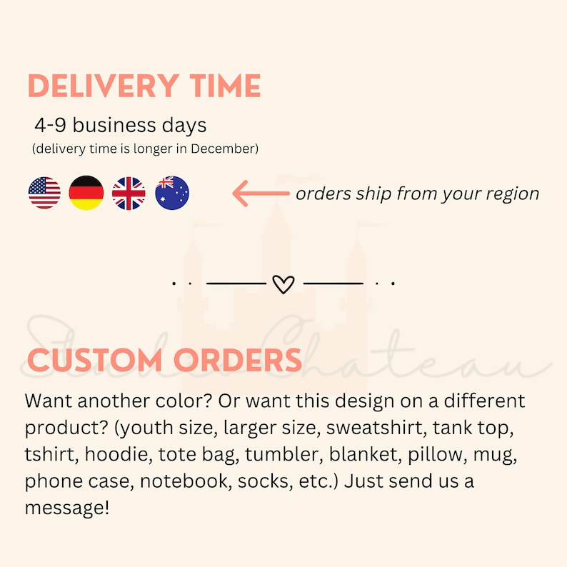 May include: Graphic with the text "DELIVERY TIME" and "4-9 business days (delivery time is longer in December)".  The graphic also includes flags for the United States, Germany, the United Kingdom, and Australia.  An arrow points to the left with the text "orders ship from your region".  The graphic also includes the text "CUSTOM ORDERS" and a description of custom order options.