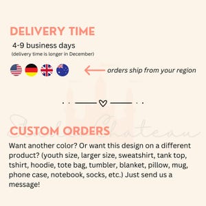 May include: Graphic with the text "DELIVERY TIME" and "4-9 business days (delivery time is longer in December)".  The graphic also includes flags for the United States, Germany, the United Kingdom, and Australia.  An arrow points to the left with the text "orders ship from your region".  The graphic also includes the text "CUSTOM ORDERS" and a description of custom order options.