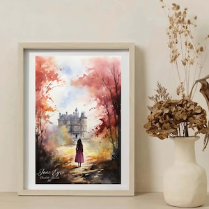 Puede incluir: Una pintura de acuarela de una mujer con un vestido rojo caminando hacia una gran casa de piedra con un techo rojo. La casa est&aacute; rodeada de &aacute;rboles con hojas rojas y naranjas. La pintura est&aacute; titulada "Jane Eyre" y firmada por el artista.