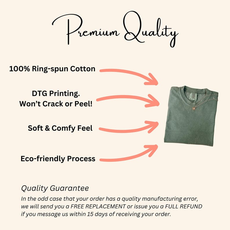 Op de afbeelding: Een opgevouwen saliegroen t-shirt met een gouden ketting wordt getoond op een cr&egrave;mekleurige achtergrond. Tekst bevat "Premium Quality", "100% Ring-spun Cotton", "DTG Printing. Won't Crack or Peel!", "Soft & Comfy Feel" en "Eco-friendly Process".