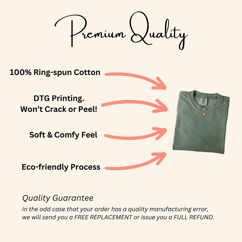 Puede incluir: Una camiseta verde salvia con bolsillo, exhibida sobre un fondo crema. El texto destaca caracter&iacute;sticas: 100% algod&oacute;n hilado en anillos, impresi&oacute;n DTG, tacto suave y proceso ecol&oacute;gico. Las palabras "Premium Quality" est&aacute;n en la parte superior.