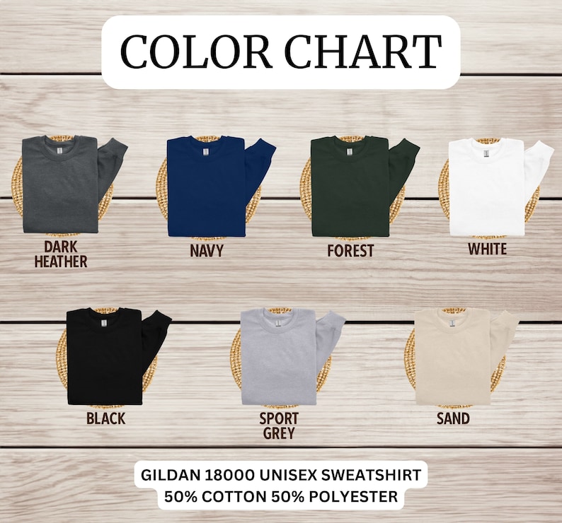 K&ouml;nnte beinhalten: Farbkarte mit verschiedenen Farben von Gildan 18000 Unisex-Sweatshirts. Die Farben sind: Dunkelgrau meliert, Marine, Wald, Wei&szlig;, Schwarz, Sportgrau und Sand. Der Text "Gildan 18000 Unisex-Sweatshirt 50% Baumwolle 50% Polyester" befindet sich am unteren Rand des Bildes.