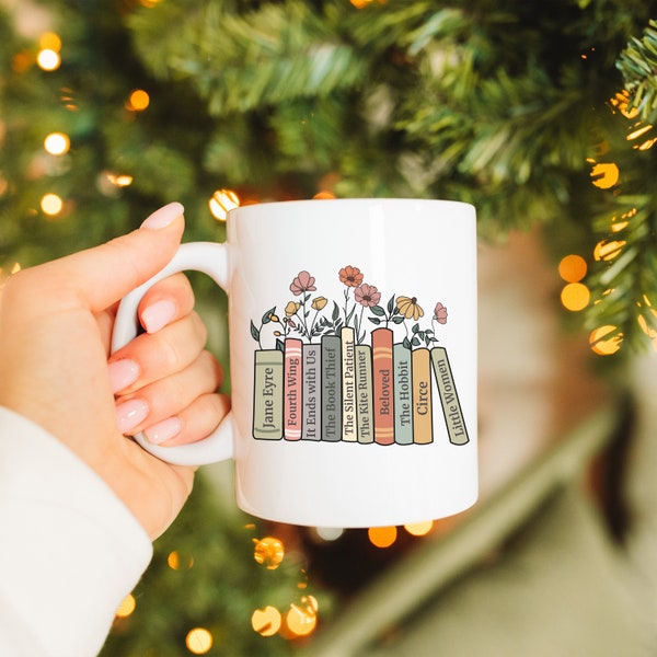 Personalized bookshelf mug, custom book cup, birthday Christmas gift for her, book club present, reading fandom merch, librarian teacher