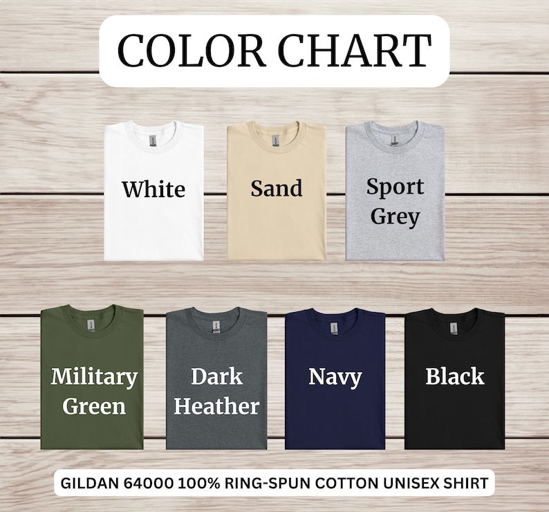 Puede incluir: Carta de colores que muestra diez colores de camiseta diferentes: blanco, arena, gris deportivo, verde militar, gris oscuro jaspeado, azul marino, negro, rojo, azul real y morado. Gildan 64000 100% algod&oacute;n peinado unisex.