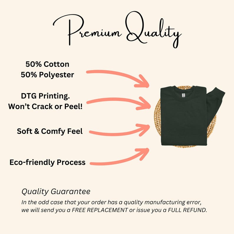 May include: A dark green long-sleeve t-shirt made from a 50% cotton and 50% polyester blend. The shirt is printed with a direct-to-garment (DTG) printing method, which is known for its durability and soft feel. The image also includes text that highlights the quality of the shirt, including its eco-friendly process and a quality guarantee.