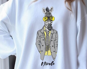 Personalized Zebra Sweatshirt, Custom Zebra Lover Shirt, Womens Zebra Shirt, Zebra Mens Shirt, Vintage illustration Zebra Art Sweatshirt