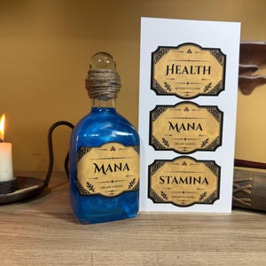 May include: A clear glass bottle filled with blue liquid, featuring a twine-wrapped neck and a label reading MANA ARCANE ESSENCE. Beside it is a white sheet with three rectangular labels printed with the words HEALTH, MANA, and STAMINA.