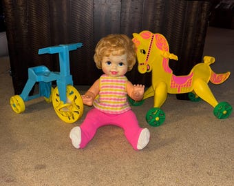 VTG MCM Mattel 1967 Tippee Toes Baby Doll W Tricycle Bike & Horse Toy Lot Rare