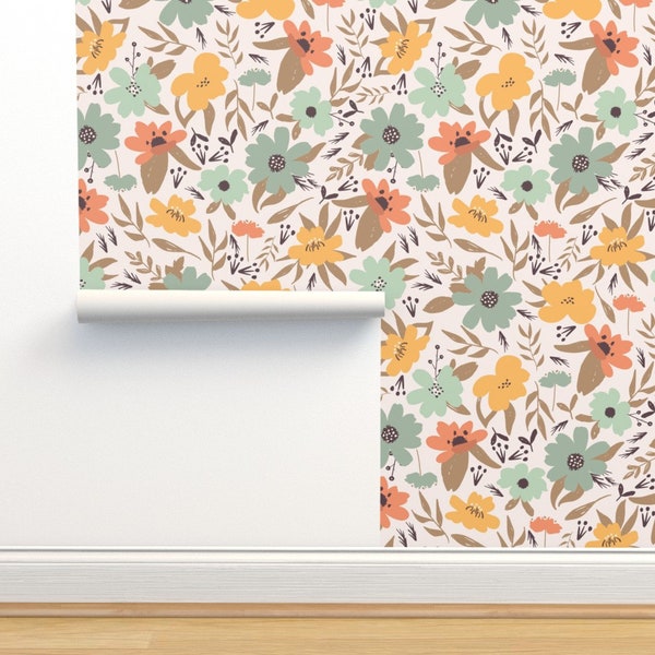 Hand Painted Flowers in Yellow, Orange, and Sage Green - Girls Room Wallpaper