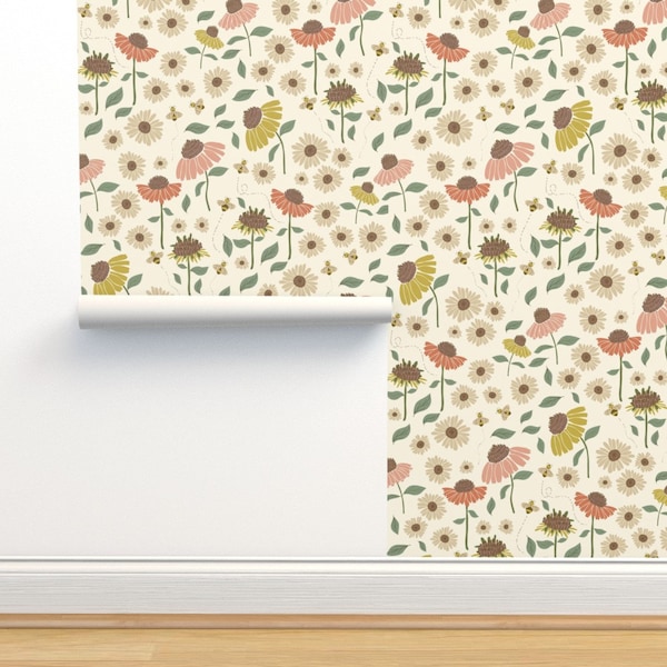 Wildflower Field - Coneflowers in Yellow and Orange with Bees - Girls Room Wallpaper