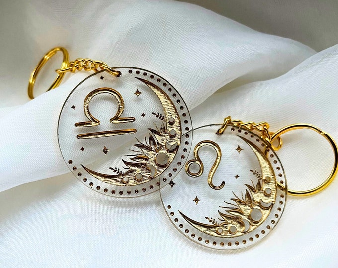 Zodiac Keychain, Astrology, Gold, Boho, Pendant, Capricorn Aquarius Pisces Aries Taurus Gemini Cancer Leo Virgo Libra Scorpio Sagittarius