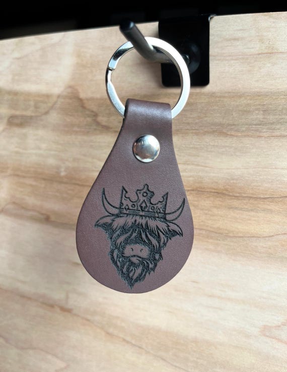 Crown Highland Cow Leatherette Key Fob, Engraved Pendant, Tear