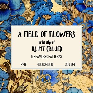 Blue Floral Digital Seamless Patterns: Klimt-Inspired Artistic Designs for Creative Exploration