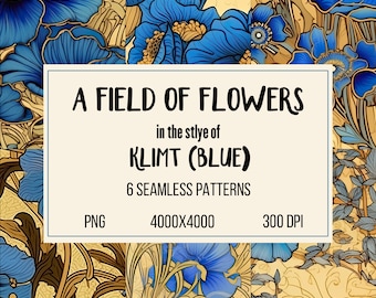 Blue Floral Digital Seamless Patterns: Klimt-Inspired Artistic Designs for Creative Exploration