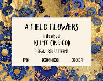 Gustav Klimt-Inspired Indigo Blossoms: Artisanal Digital Seamless Patterns Set