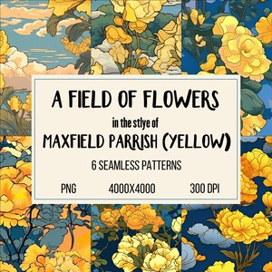 Flores amarelas radiantes inspiradas em Maxfield Parrish: coleção de padrões digitais sem costura