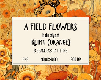 Klimt-Inspired Orange Blossoms: Digital Seamless Patterns of Artistic Elegance
