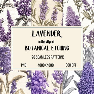 Lavender Elegance: 20 Digital Botanical-Etching Style Seamless Patterns