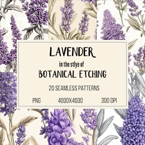 Elegancia lavanda: 20 patrones sin fisuras de estilo de grabado botánico digital