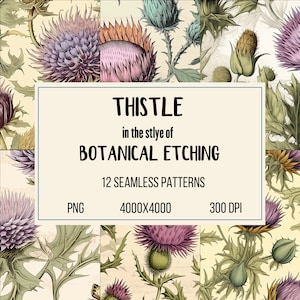 Thistle Tapestry: 12 Digital Seamless Patterns in Botanical Etching Style