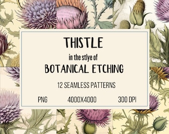 Thistle Tapestry: 12 Digital Seamless Patterns in Botanical Etching Style