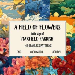 Pacote completo inspirado em Maxfield Parrish: 48 campos de flores de arco-íris padrões digitais sem costura