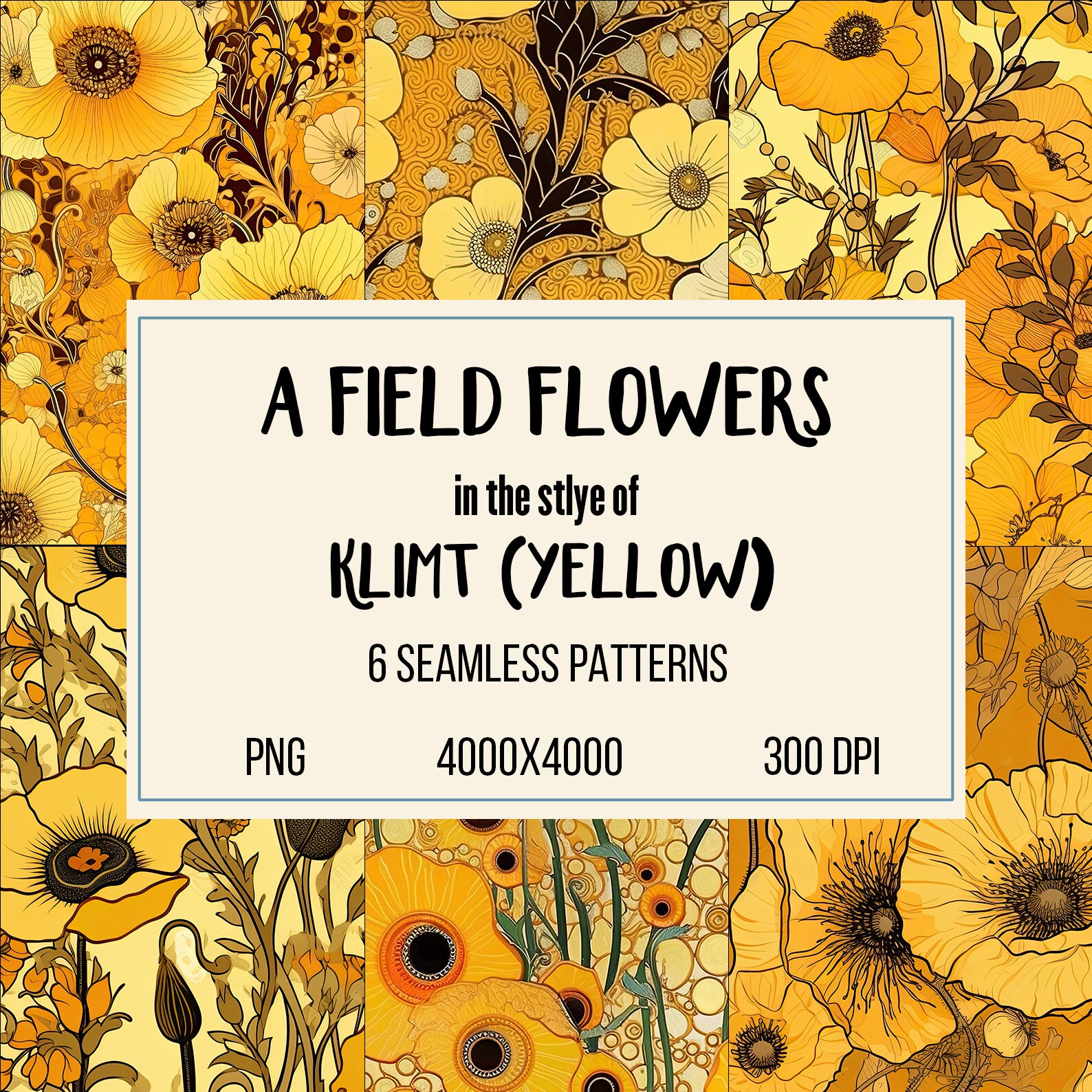 Klimt's Golden Blooms: 6 Digital Patterns of Yellow Flowers with Klimt’s Magic