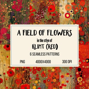 Puede incluir: Seis patrones sin costuras de flores rojas, amarillas y verdes al estilo de Gustav Klimt. Los patrones son de 4000x4000 píxeles y 300 DPI.  A FIELD OF FLOWERS in the style of KLIMT (RED) 6 SEAMLESS PATTERNS PNG 4000X4000 300 DPI