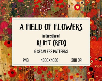Gustav Klimt-Inspired Digital Seamless Patterns: Luxurious Red Floral Designs for Art and Craft Projects