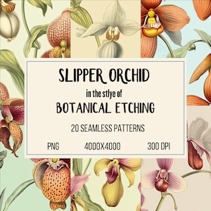 Op de afbeelding: 20 naadloze patronen van pantoffelorchideeën in de stijl van botanische etsen. De patronen bevatten verschillende kleuren en ontwerpen van de orchideeënbloem, waaronder roze, geel, oranje en wit.