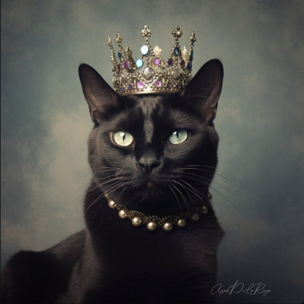 Black Short Hair Cat Royalty (Canvas, Mouse Pad, Mugs, Aprons, Mats, Beds, Blankets, Pillows)