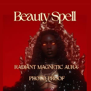 Puede incluir: Imagen de arte digital con el texto "Beauty Spell" en letras doradas. La imagen presenta a una persona con piel oscura, ojos naranja brillantes y una parte superior dorada. También se ven los textos "RADIANT MAGNETIC AURA" y "PHOTO PROOF".