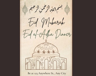 Puede incluir: Una invitación a una cena de Eid al-Adha con una ilustración de una mezquita y el texto "Bismillah ar-Rahman ar-Rahim Eid Mubarak Eid al-Adha Dinner Be at 123 Anywhere St., Any City on July 28, 2023, at 6 pm RSVP by July 15, 2023: (123) 456-7890"