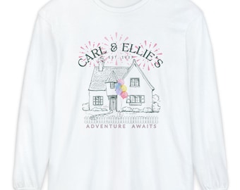 Carl & Ellie's Colorful Balloon House Unisex Long Sleeve Comfort Colors Shirt Adult Adventure Awaits Kingdom Balloon Shirt