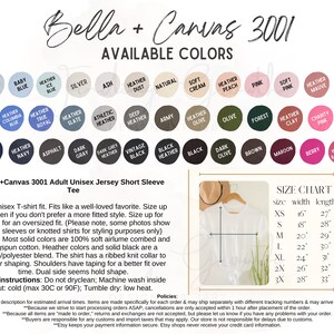 Puede incluir: Camiseta de manga corta unisex Bella+Canvas 3001 para adultos en una variedad de colores. La tabla de tallas muestra el ancho y la longitud en pulgadas para las tallas XS a 3X. El texto en la imagen dice: "Bella+Canvas 3001 Camiseta unisex de manga corta para adultos" y "Tabla de tallas".