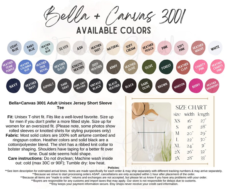 Puede incluir: Camiseta de manga corta unisex Bella+Canvas 3001 para adultos en una variedad de colores. La tabla de tallas muestra el ancho y la longitud en pulgadas para las tallas XS a 3X. El texto en la imagen dice: "Bella+Canvas 3001 Camiseta unisex de manga corta para adultos" y "Tabla de tallas".