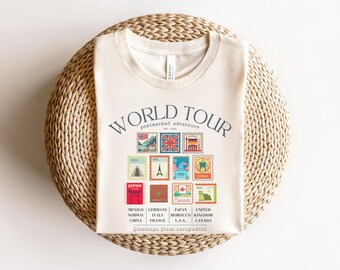 World Tour Showcase Postage Stamp Unisex Bella Canvas Shirt for Family Matching / Sip Around The World Shirt for the Park Wine Festival Tee
