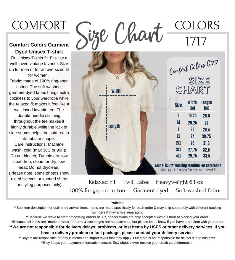 Op de afbeelding: Een Comfort Colors 1717 unisex t-shirt maattabel met een cr&egrave;mekleurig t-shirt met korte mouwen. De tabel toont breedte- en lengtematen in inches voor de maten S tot 4XL, vari&euml;rend van 18,25 tot 29,75 inch breed en 26,6 tot 33,5 inch lang.