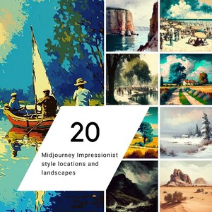 May include: A collage of 20 Midjourney Impressionist style locations and landscapes. The images include a sailboat on a lake, a cliff overlooking the sea, a forest path, a country road, a snowy lake, a desert scene, and a mountain range.