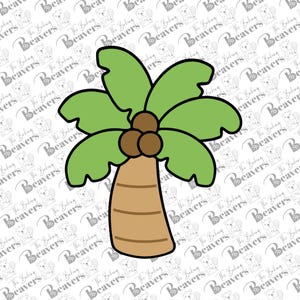 May include: A palm tree cookie cutter with a light brown trunk featuring horizontal lines, three round brown coconuts at the base of the fronds, and light green palm leaves with a thick black outline, presented against a repeating logo background.
