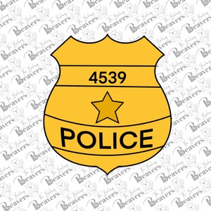 May include: A yellow police badge with a black outline and a five-pointed star. The badge number 4539 is printed in black on the top of the badge. The word POLICE is printed in black on the bottom of the badge.
