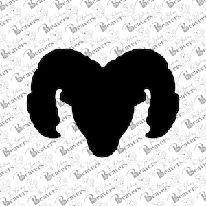 May include: A black silhouette of a ram's head with large, curled horns.