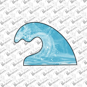 May include: A blue wave graphic with a white background. The wave is outlined in black and has a white splatter effect.