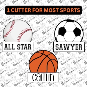 May include: A set of three sports-themed cookie cutters, featuring a baseball, soccer ball, and basketball. The cutters are all white with black outlines and have the text "ALL STAR", "SAWYER", and "CAITLIN" printed below each one.