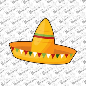 May include: A yellow sombrero with a wide brim and a tall, conical crown. The hat features red, green, and white decorative elements. This festive hat is perfect for Cinco de Mayo celebrations or themed parties.