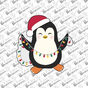 May include: A cartoon penguin wearing a Santa hat and holding a string of Christmas lights. The penguin is smiling and has a red nose.
