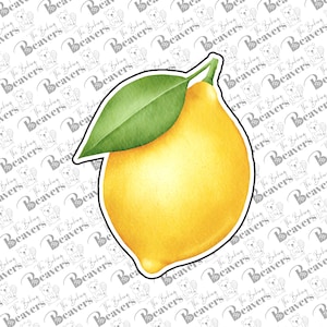 May include: A yellow lemon-shaped cookie cutter with a green leaf and a white outline. The cookie cutter is a kitchen tool for baking. The background has a repeating pattern of the text "The Baking Beavers".