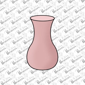 May include: A light pink glass vase with a wide base and a narrow neck. The vase has a smooth, rounded shape and a glossy finish.
